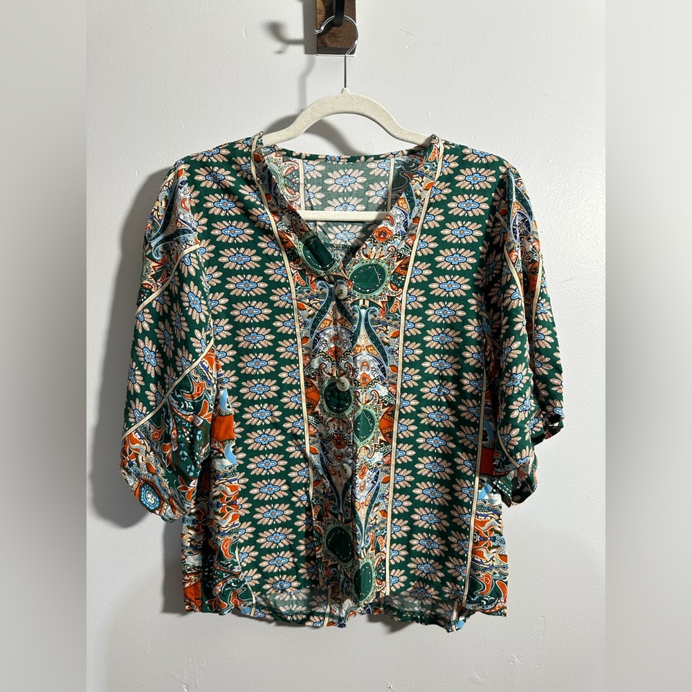 SHEIN Women's M Bohemian Batwing Sleeve Green Orange Blue Blouse | SKU 0908